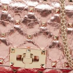 Pre Owned Valentino Metallic Rose Quilted Leather Rockstud Spike Chain Clutch 
