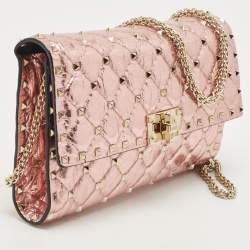 Pre Owned Valentino Metallic Rose Quilted Leather Rockstud Spike Chain Clutch 
