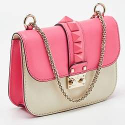 Pre Owned Valentino Pink/Cream Leather Small Rockstud Glam Lock Flap Bag