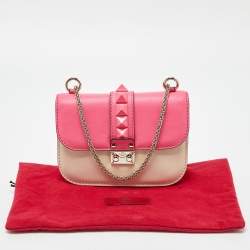 Pre Owned Valentino Pink/Cream Leather Small Rockstud Glam Lock Flap Bag