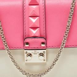 Pre Owned Valentino Pink/Cream Leather Small Rockstud Glam Lock Flap Bag