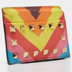 Pre Owned Valentino Multicolor Stripe Leather Rockstud Card Case
