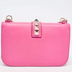 Pre Owned Valentino Pink Leather Medium Glam Lock Chain Shoulder Bag