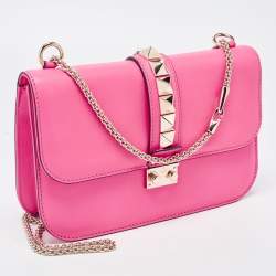 Pre Owned Valentino Pink Leather Medium Glam Lock Chain Shoulder Bag