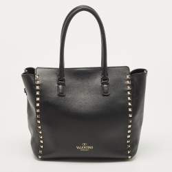 Valentino Black Leather Rockstud Trapeze Tote