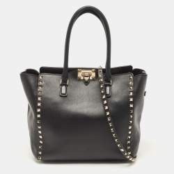Valentino Black Leather Rockstud Trapeze Tote