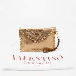 Valentino Gold Leather Rockstud Envelope Wristlet Clutch