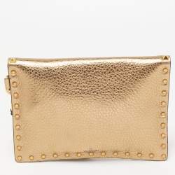 Valentino Gold Leather Rockstud Envelope Wristlet Clutch