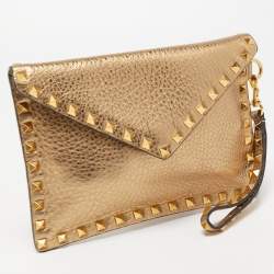Valentino Gold Leather Rockstud Envelope Wristlet Clutch