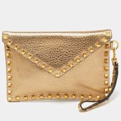 Valentino Gold Leather Rockstud Envelope Wristlet Clutch