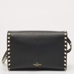 Pre Owned Valentino Black Leather Rockstud Flap Shoulder Bag