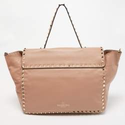 Pre Owned Valentino Beige Soft Leather Rockstud Flap Top Handle Bag
