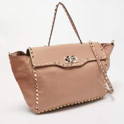 Pre Owned Valentino Beige Soft Leather Rockstud Flap Top Handle Bag