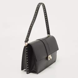 Pre Owned Valentino Black Leather Studded Flap Shoulder Bag