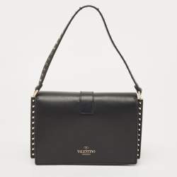 Pre Owned Valentino Black Leather Studded Flap Shoulder Bag
