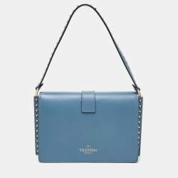 Pre Owned Valentino Garavani Blue Leather Rockstud Flat Shoulder Bag