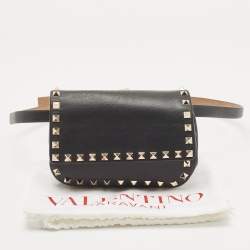 Pre Owned Valentino Black Leather Rockstud Flap Belt Bag