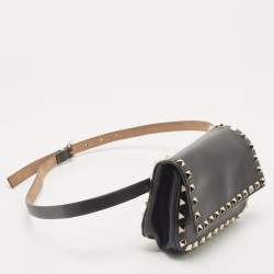Pre Owned Valentino Black Leather Rockstud Flap Belt Bag