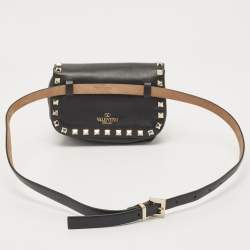 Pre Owned Valentino Black Leather Rockstud Flap Belt Bag