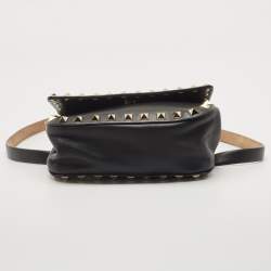 Pre Owned Valentino Black Leather Rockstud Flap Belt Bag