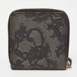 Pre Owned Valentino Black/Grey Lace Print Coated Canvas Zip Compact Wallet