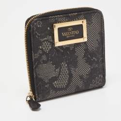 Pre Owned Valentino Black/Grey Lace Print Coated Canvas Zip Compact Wallet