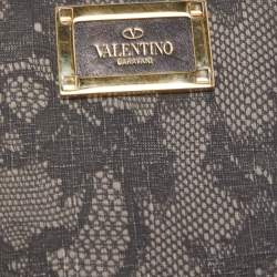 Pre Owned Valentino Black/Grey Lace Print Coated Canvas Zip Compact Wallet