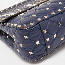 Pre Owned Valentino Blue Quilted Leather Medium Rockstud Spike VLTN Shoulder Bag