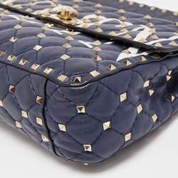 Pre Owned Valentino Blue Quilted Leather Medium Rockstud Spike VLTN Shoulder Bag