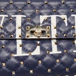 Pre Owned Valentino Blue Quilted Leather Medium Rockstud Spike VLTN Shoulder Bag