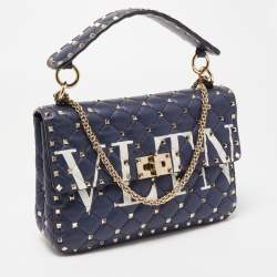 Pre Owned Valentino Blue Quilted Leather Medium Rockstud Spike VLTN Shoulder Bag