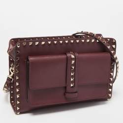 Valentino Burgundy Leather Rockstud Rectangular Shoulder Bag