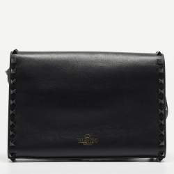 Pre Owned Valentino Black Leather Rockstud Flap Crossbody Bag
