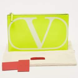 Pre Owned  Valentino Neon Green Leather VLogo Flat Pouch