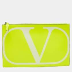 Pre Owned  Valentino Neon Green Leather VLogo Flat Pouch