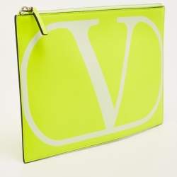 Pre Owned  Valentino Neon Green Leather VLogo Flat Pouch