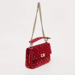 Pre Owned Valentino Red Quilted Velvet Medium Rockstud Spike Chain Bag