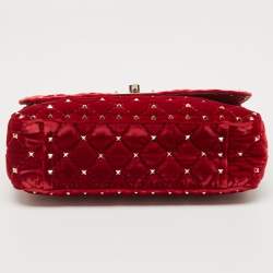Pre Owned Valentino Red Quilted Velvet Medium Rockstud Spike Chain Bag
