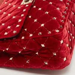Pre Owned Valentino Red Quilted Velvet Medium Rockstud Spike Chain Bag
