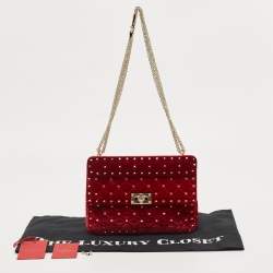 Pre Owned Valentino Red Quilted Velvet Medium Rockstud Spike Chain Bag