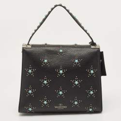 Pre Owned Valentino Black Leather Medium My Rockstud Rolling Top Handle Bag