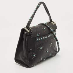 Pre Owned Valentino Black Leather Medium My Rockstud Rolling Top Handle Bag