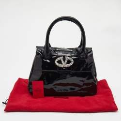 Pre Owned Valentino Black Patent Leather Crystals Catch Satchel