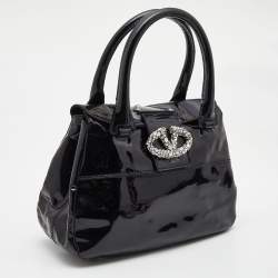Pre Owned Valentino Black Patent Leather Crystals Catch Satchel