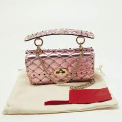 Pre Owned Valentino Metallic Pink Quilted Leather Small Rockstud Spike Top Handle Bag