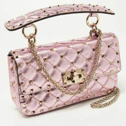 Pre Owned Valentino Metallic Pink Quilted Leather Small Rockstud Spike Top Handle Bag