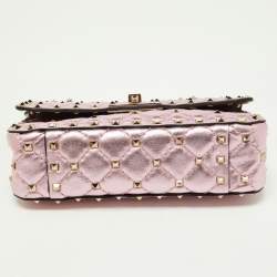 Pre Owned Valentino Metallic Pink Quilted Leather Small Rockstud Spike Top Handle Bag