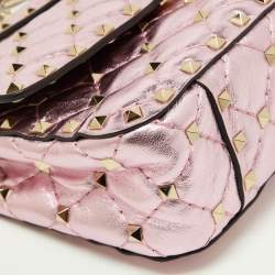 Pre Owned Valentino Metallic Pink Quilted Leather Small Rockstud Spike Top Handle Bag