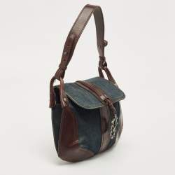 Pre Owned Valentino Dark Brown/Dark Blue Denim and Leather Catch Shoulder Bag