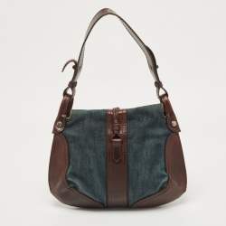 Pre Owned Valentino Dark Brown/Dark Blue Denim and Leather Catch Shoulder Bag